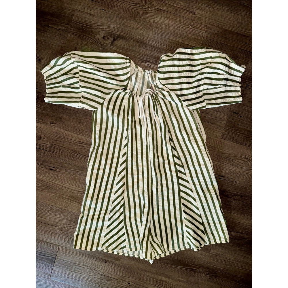 Fashion Olive Green White Striped Puff Sleeve Romper XS
